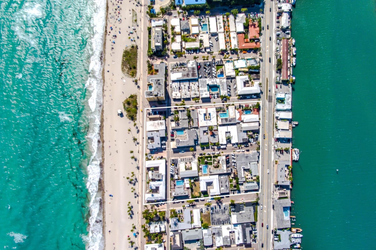 The buildings and the beach from the air